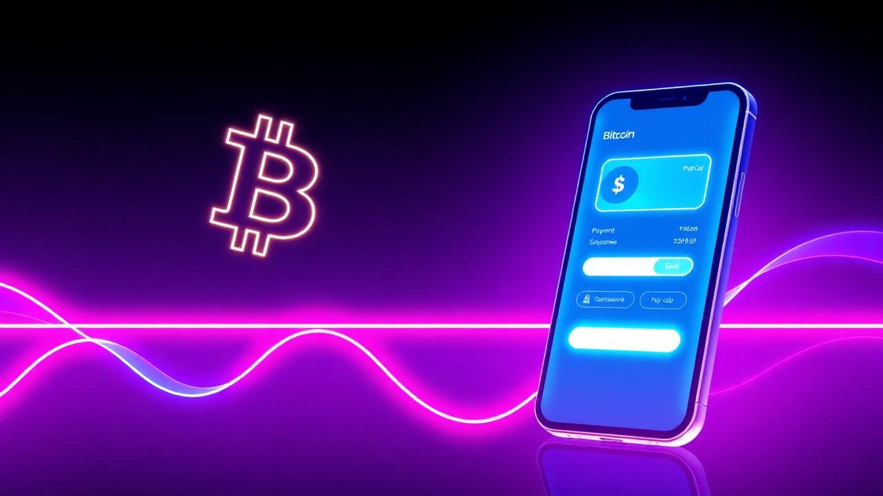 Cryptocurrency checkout illustration Neon bitcoin symbol beside a smartphone showing a checkout screen on a purple background