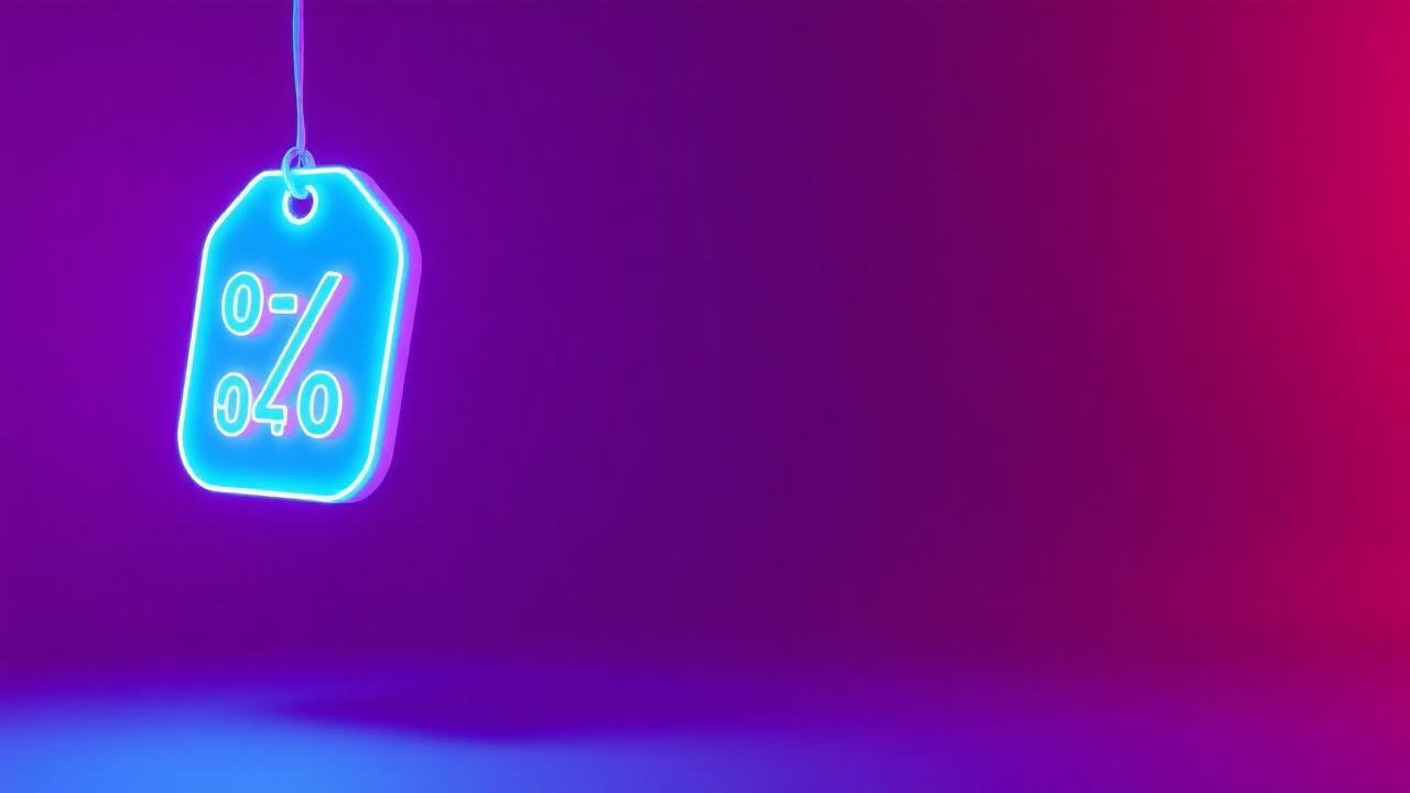 Glowing neon discount tag with a percentage symbol on a purple and pink gradient
