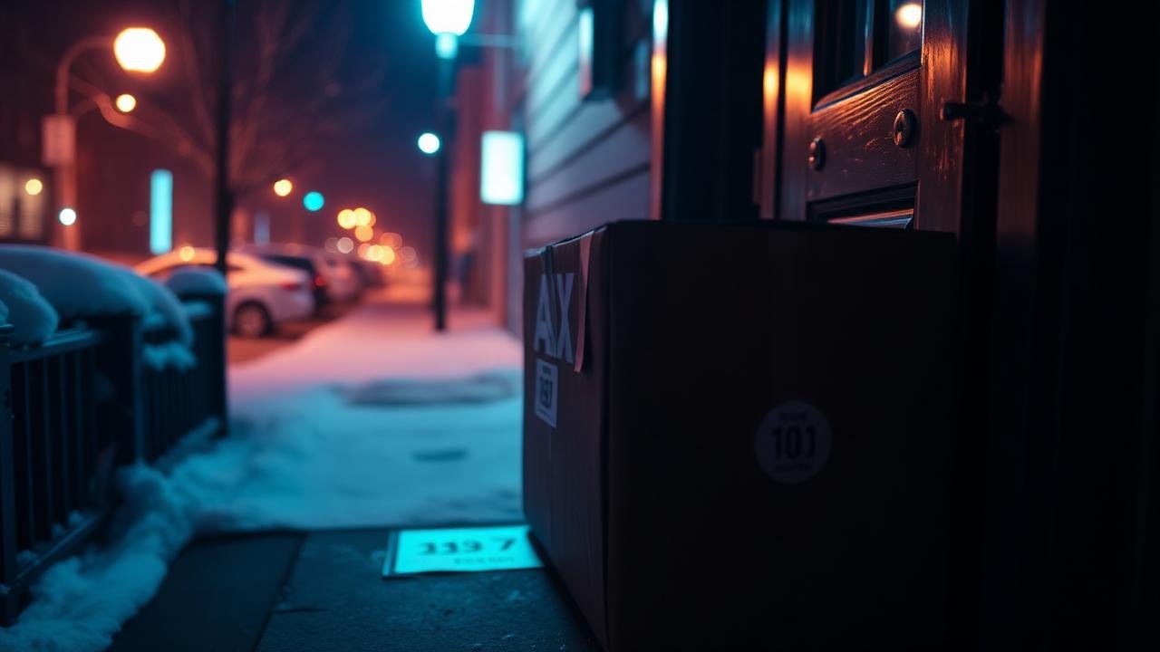 Discreet parcel on a Canadian doorstep at night Plain unbranded cardboard parcel resting on a snowy Canadian doorstep at night