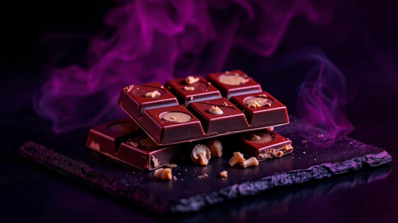 Mushroom chocolate bar snapped into portioned squares on dark slate under neon light